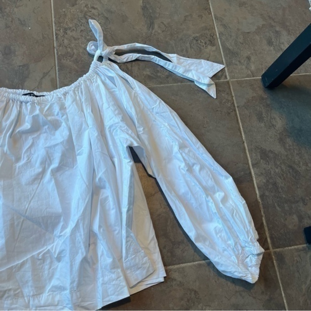 Haute Rogue White Cotton Off Shoulder Tie Strap Puff Sleeve Blouse Size Small - Picture 4 of 10